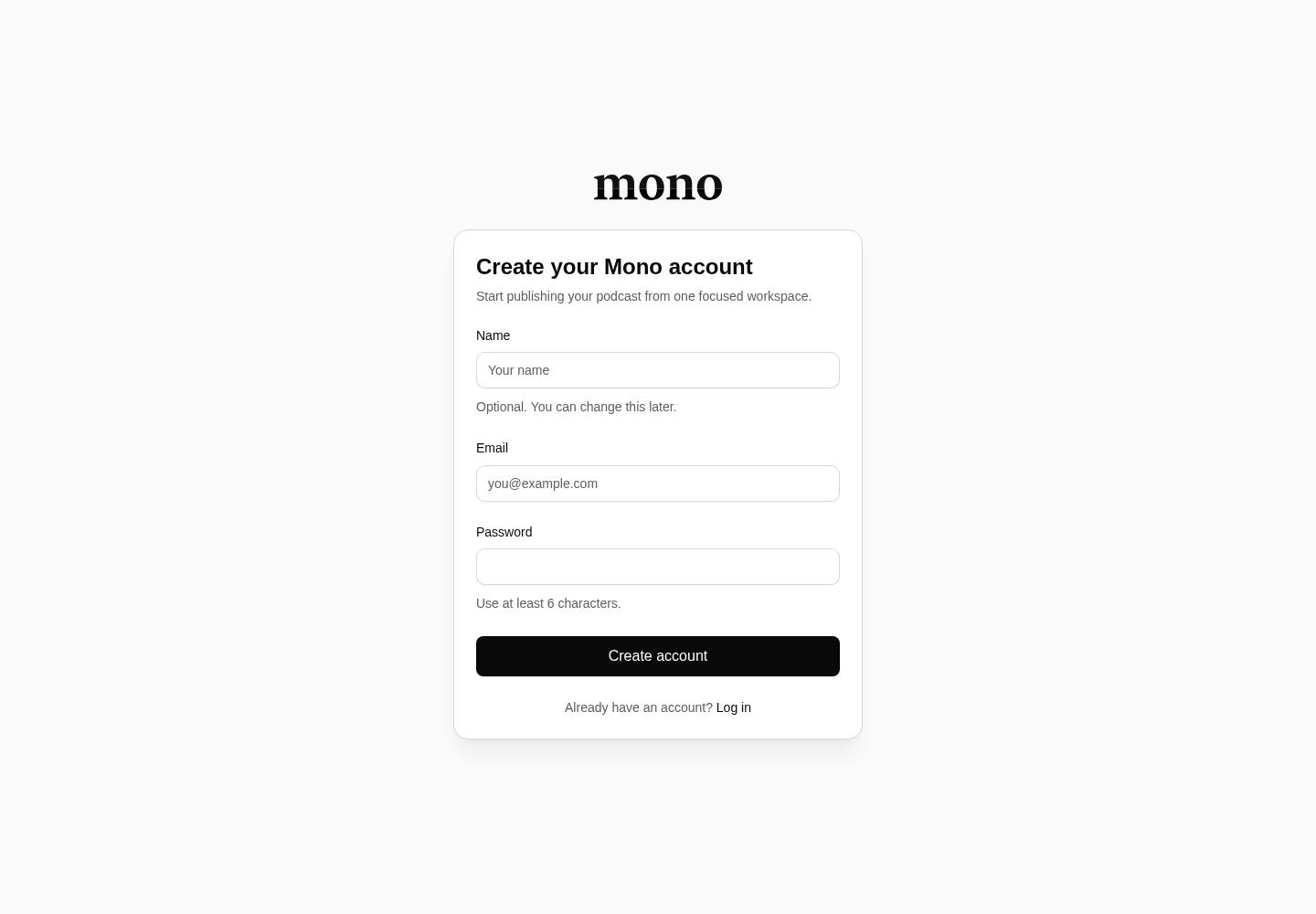 The Mono signup page with name, email, and password fields